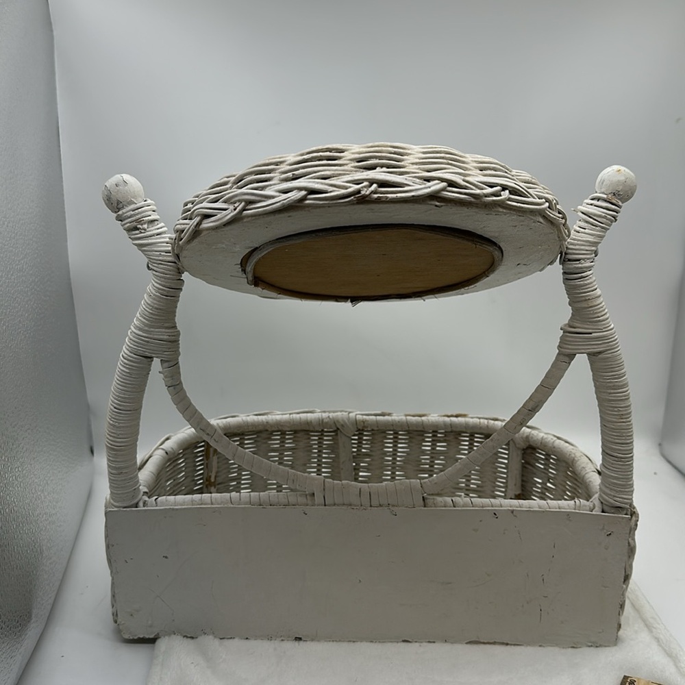 Vintage White Wicker-Wood Oval Swivel Mirror Tabletop Vanity with Basket - Picture 6 of 13